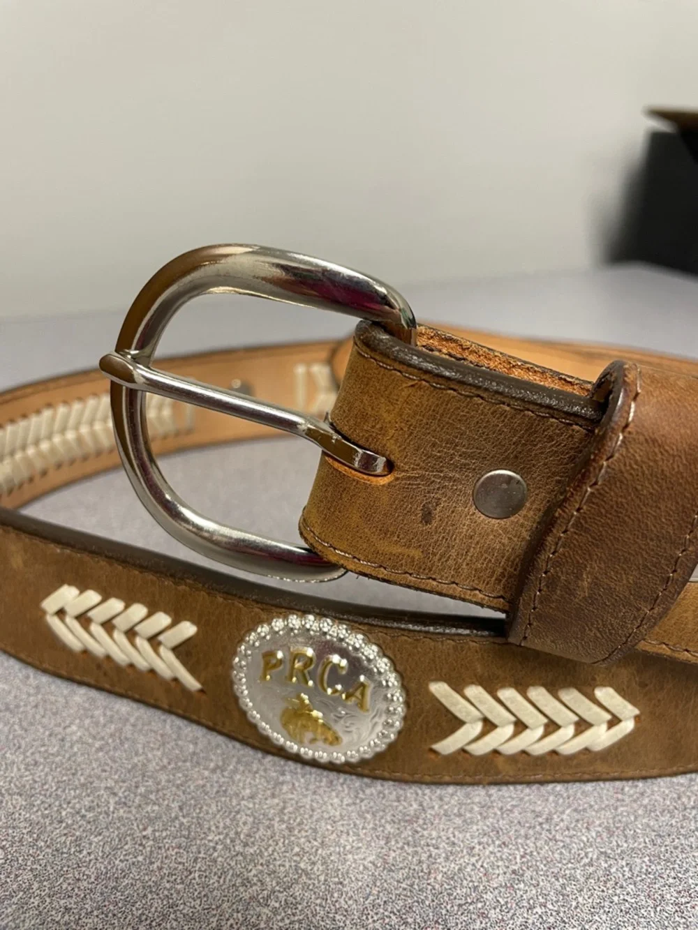 Brown Leather Western Belt with White Stitch Accents